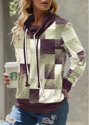 Sage Green tops,Geometric tops,Ombre tops,ROTITA Patchwork Geometric Print Sage Green Cowl Neck Sweatshirt