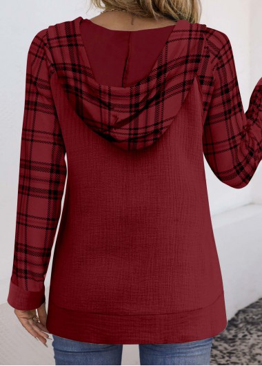 Wine Red tops,Plaid tops,Striped tops,Geometric tops,ROTITA Pocket Plaid Wine Red Long Sleeve Hoodie