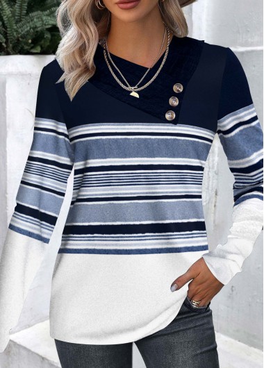 Navy tops,Dusty Blue tops,Striped tops,ROTITA Patchwork Striped Navy Asymmetrical Neck Long Sleeve T Shirt