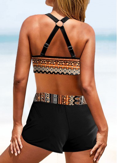 Black swimwear,Orange swimwear,Tribal swimwear,Striped swimwear,Geometric swimwear,Floral swimwear,ROTITA Patchwork Black Tribal Print Mid Waisted Bikini Set