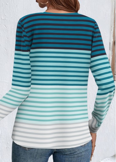 Green tops,Striped tops,Geometric tops,ROTITA Patchwork Striped Green Split Neck Long Sleeve T Shirt