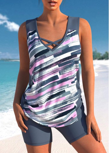 Dark Grey swimwear,Graphic swimwear,Striped swimwear,Geometric swimwear,ROTITA Drawstring Dark Grey Graffiti Print Mid Waisted Tankini Set