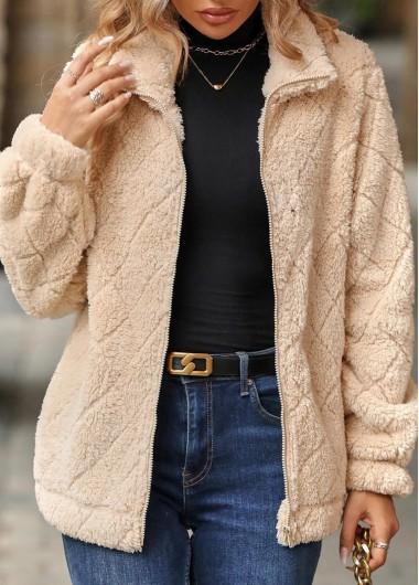 Light Camel tops,Plain Color tops,Zipper Light Camel Turn Down Collar Long Sleeve Coat