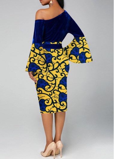 Dark Blue dresses,Yellow dresses,Tribal dresses,Party dresses,Elegant dresses,ROTITA Asymmetry Tribal Print Dark Blue Belted Bodycon Dress