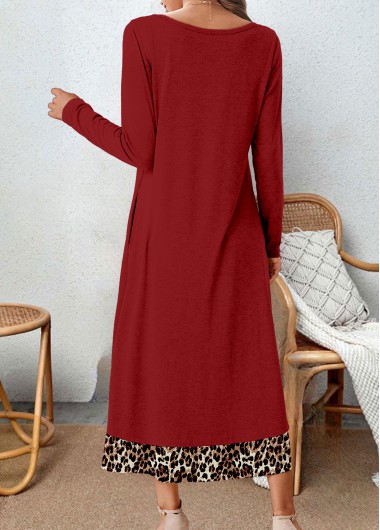 Wine Red dresses,Leopard dresses,Everyday dresses,Casual dresses,ROTITA Button Leopard Wine Red A Line Dress