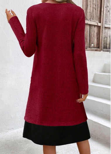 Wine Red dresses,Contrast Color dresses,Everyday dresses,Casual dresses,ROTITA Fake 2in1 Wine Red A Line Dress