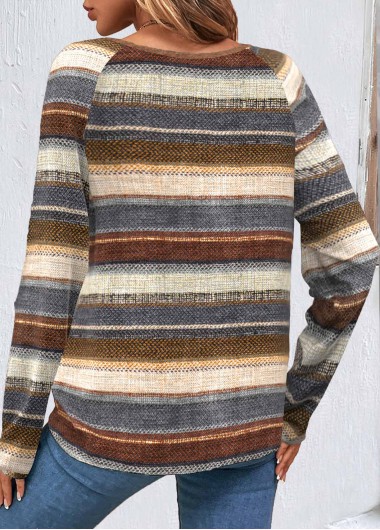 Multi Color tops,Striped tops,Geometric tops,ROTITA Button Striped Multi Color Round Neck Long Sleeve Sweatshirt
