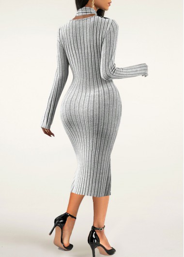 Light Grey dresses,Plain Color dresses,Party dresses,Elegant dresses,ROTITA Cut Out Light Grey Halter Long Sleeve Dress