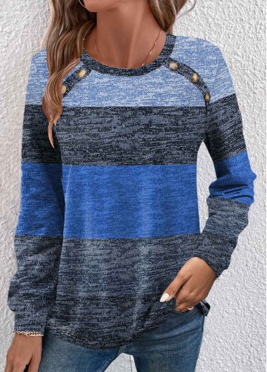 Blue tops,Grey tops,Striped tops,Geometric tops,ROTITA Button Striped Blue Round Neck Long Sleeve T Shirt