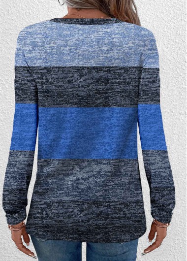 Blue tops,Grey tops,Striped tops,Geometric tops,ROTITA Button Striped Blue Round Neck Long Sleeve T Shirt