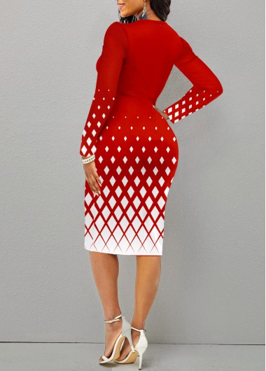Red dresses,Geometric dresses,Striped dresses,Plaid dresses,Christmas dresses,Party dresses,Elegant dresses,ROTITA Split Geometric Print Red Long Sleeve Christmas Dress