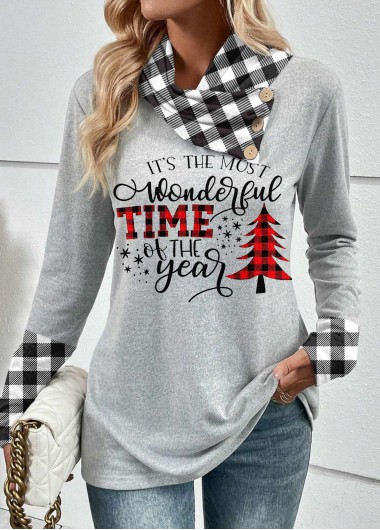 Light Grey tops,Plaid tops,Geometric tops,Striped tops,Letter tops,ROTITA Patchwork Plaid Light Grey Asymmetrical Neck Long Sleeve Sweatshirt