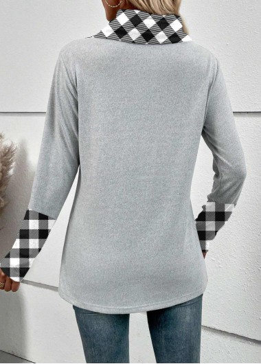 Light Grey tops,Plaid tops,Geometric tops,Striped tops,Letter tops,ROTITA Patchwork Plaid Light Grey Asymmetrical Neck Long Sleeve Sweatshirt