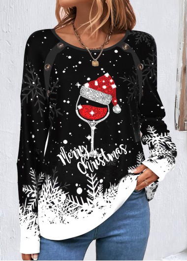 Black tops,Christmas tops,Letter tops,Dot tops,ROTITA Button Christmas Print Black Round Neck Long Sleeve Sweatshirt