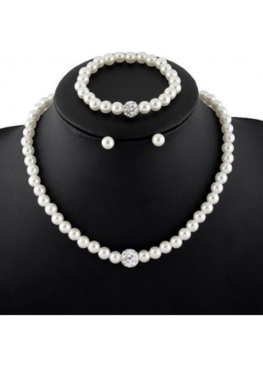 Rhinestone Detail Pearl Round White Necklace Set