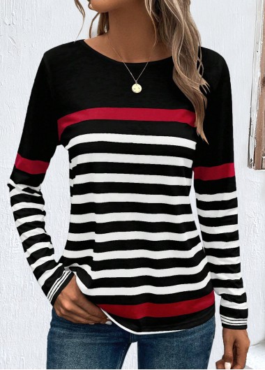 Black tops,White tops,Striped tops,Geometric tops,ROTITA Patchwork Striped Black Round Neck Long Sleeve T Shirt
