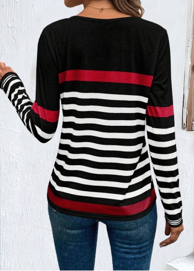 Black tops,White tops,Striped tops,Geometric tops,ROTITA Patchwork Striped Black Round Neck Long Sleeve T Shirt