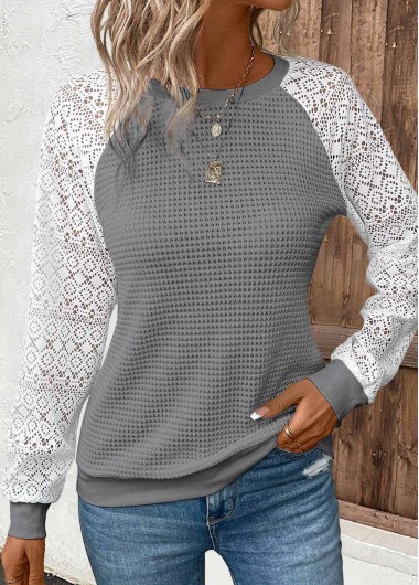 Dark Grey tops,White tops,Contrast Color tops,ROTITA Patchwork Dark Grey Round Neck Long Sleeve T Shirt