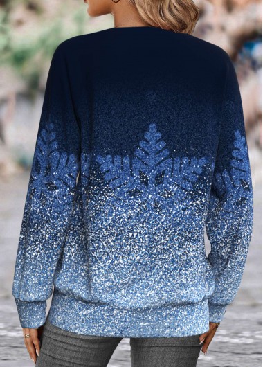 Blue tops,Christmas tops,ROTITA Patchwork Snowflake Print Blue Split Neck Long Sleeve Sweatshirt