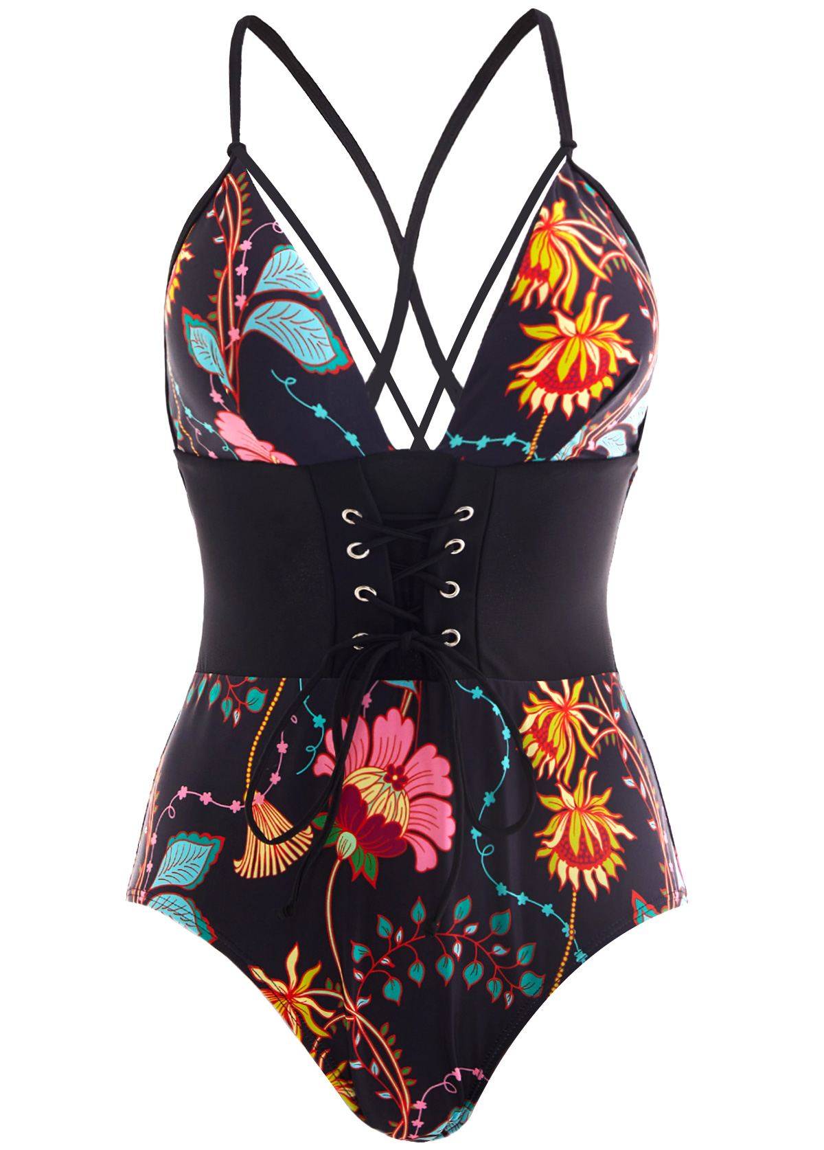 ROTITA Tie Back Floral Print Lace Up Front One Piece Swimwear