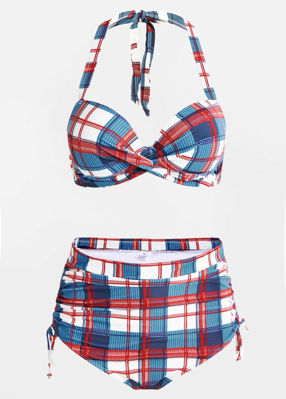 ROTITA Plaid Print Drawstring Side High Waisted Bikini Set