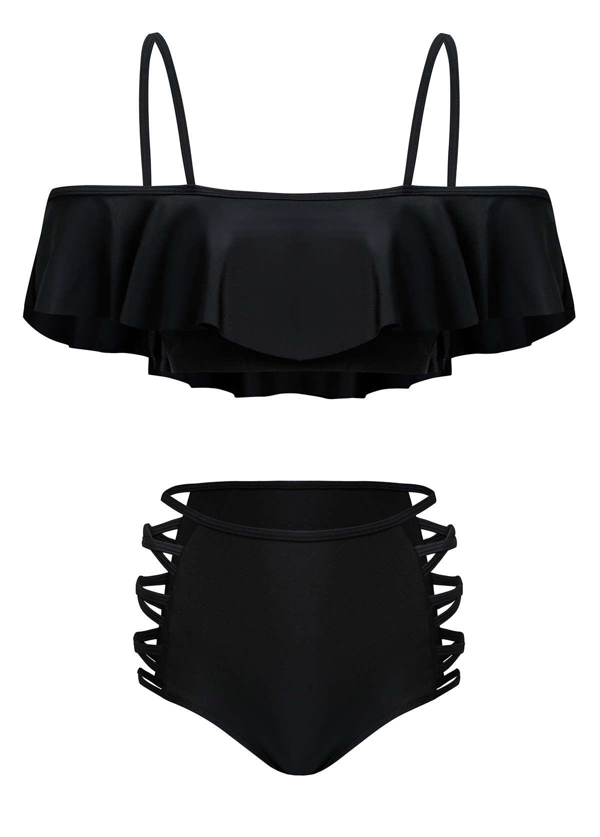 ROTITA Black Mid Waist Flounce Lace Up Bikini Set