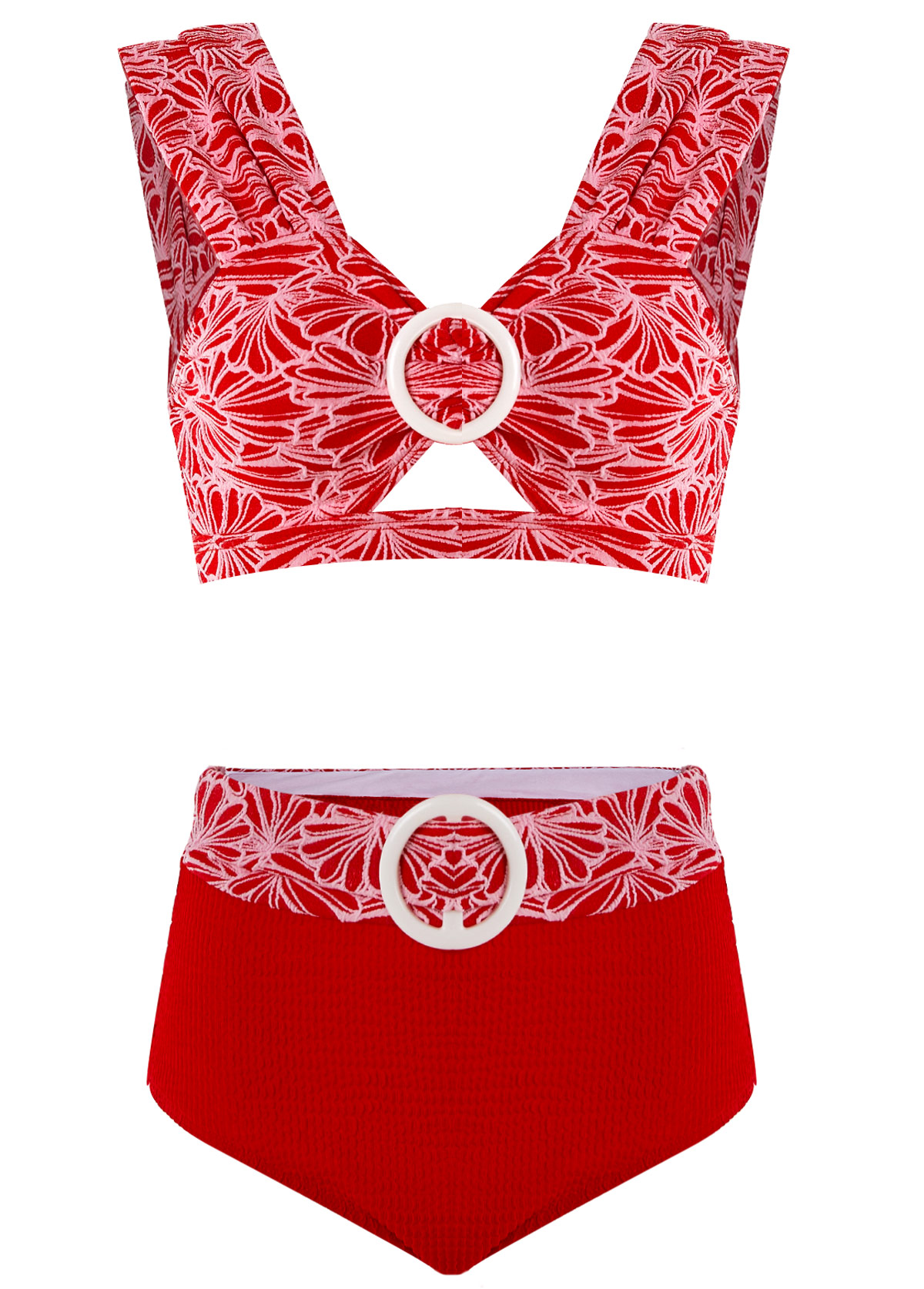 haut de bikini rouge à imprimé floral en jacquard rotita-Pas de fond