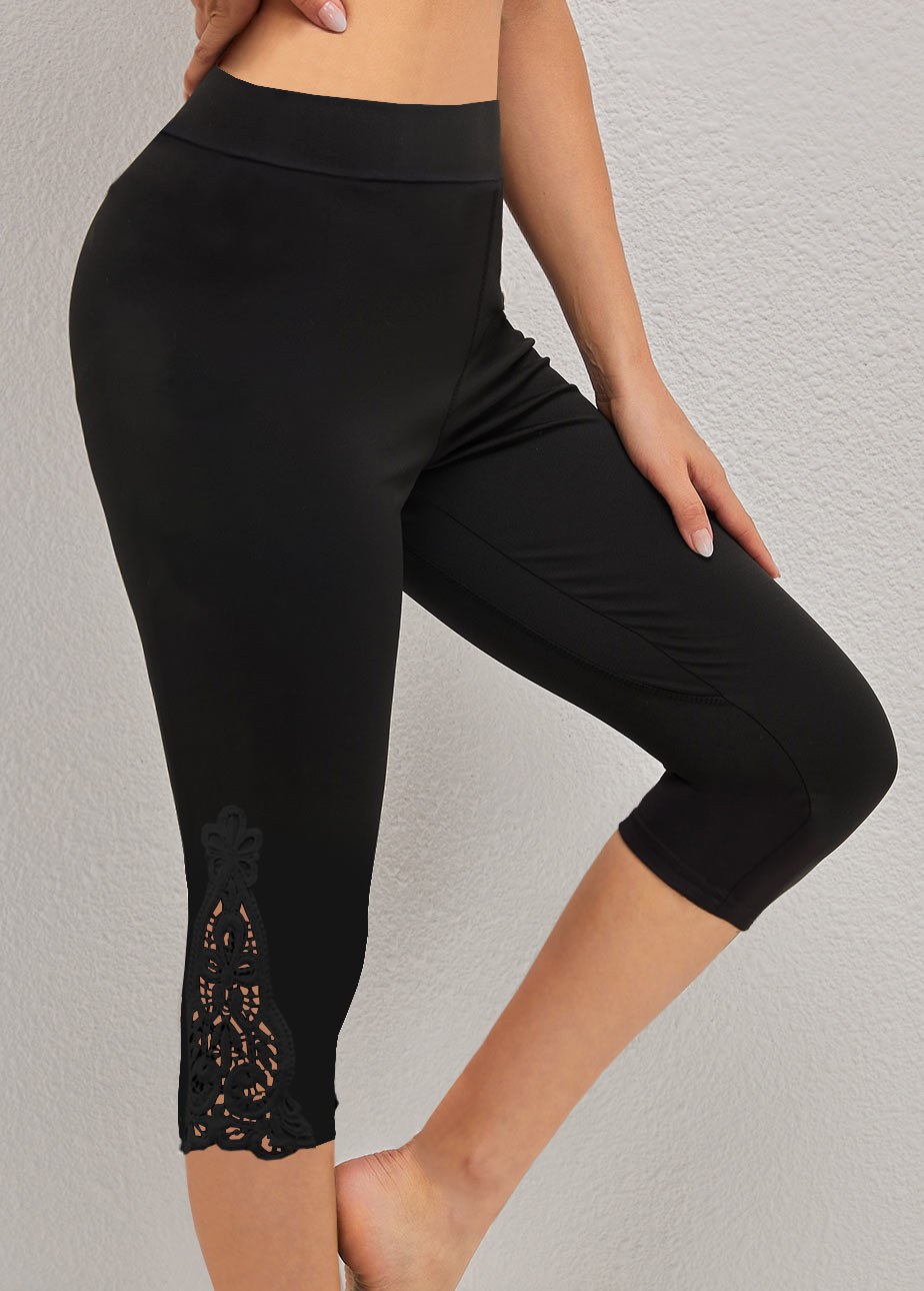 Black bottoms,Plain Color bottoms,ROTITA Black High Waisted Elastic Waist Capri Leggings
