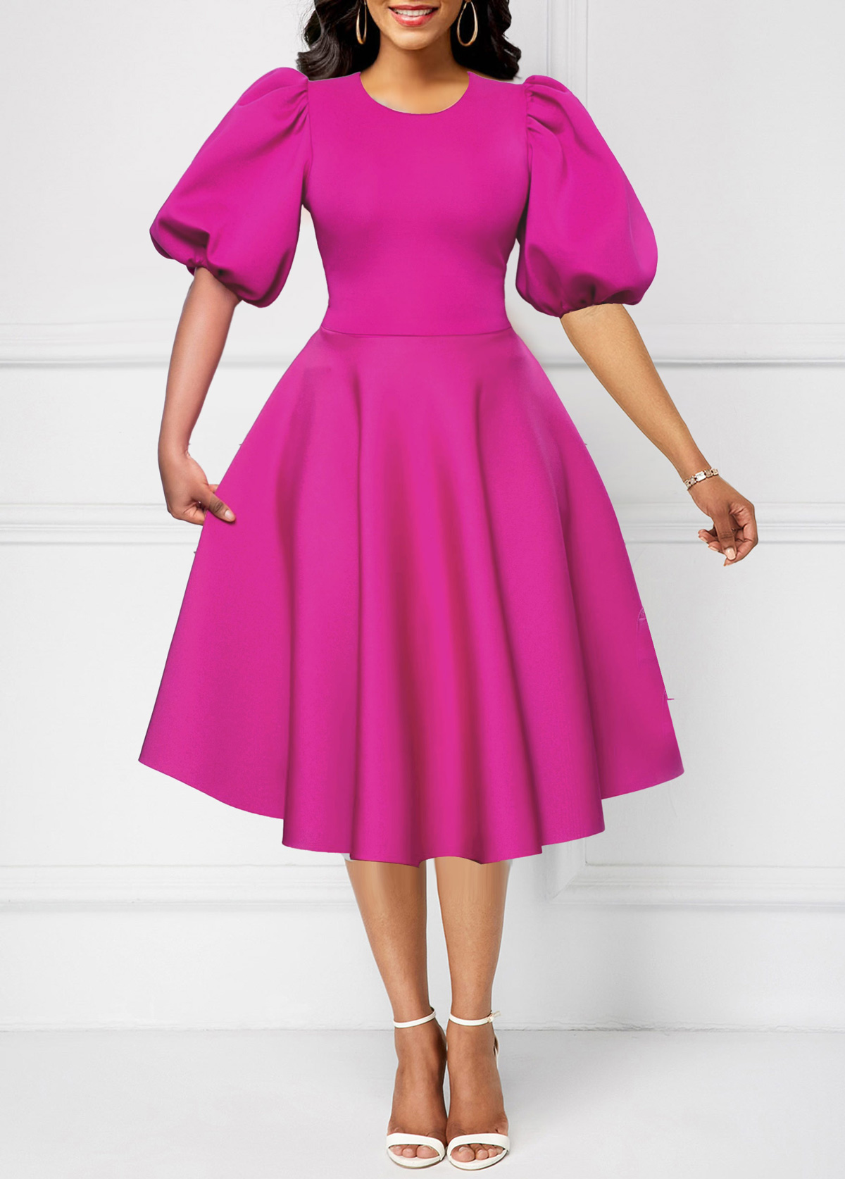 ROTITA Umbrella Hem Hot Pink Round Neck Dress