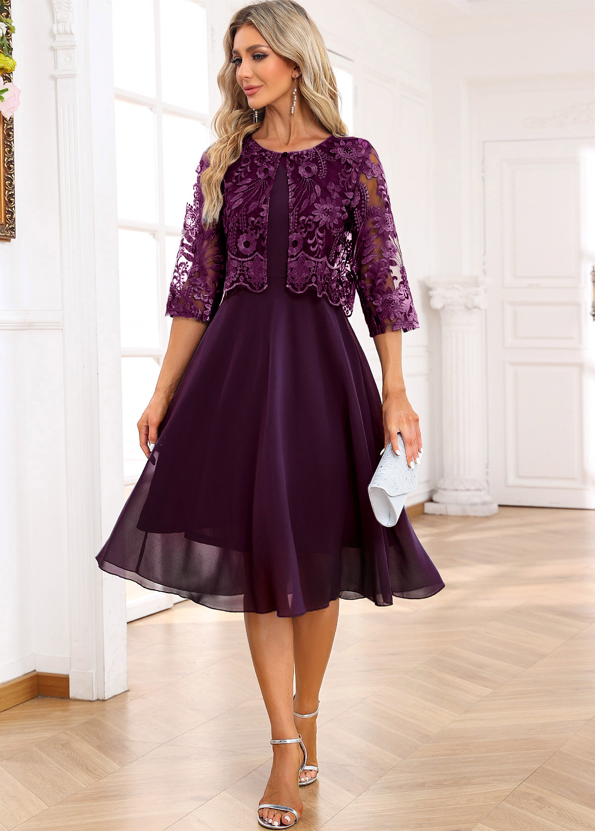 ROTITA Lace Dark Purple A Line Scoop Neck Dress