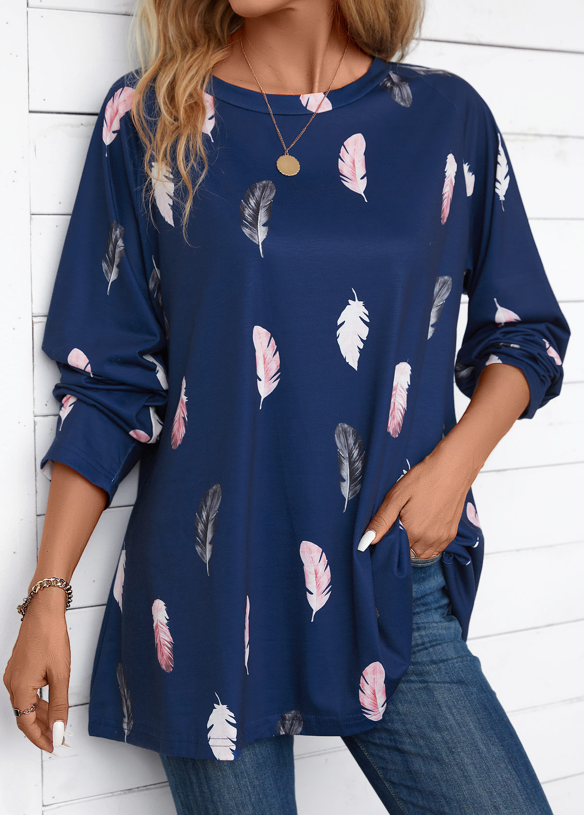 Feathers Print Navy Round Neck Extra Long Sleeve Blouse