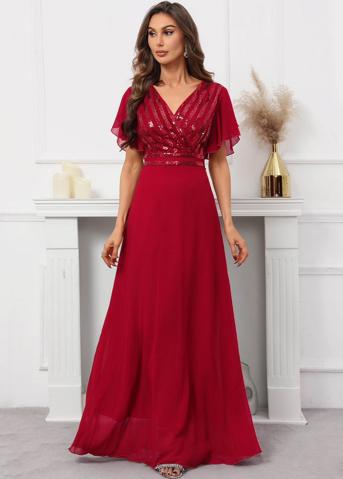 ROTITA Sequin Red V Neck Short Sleeve Dress