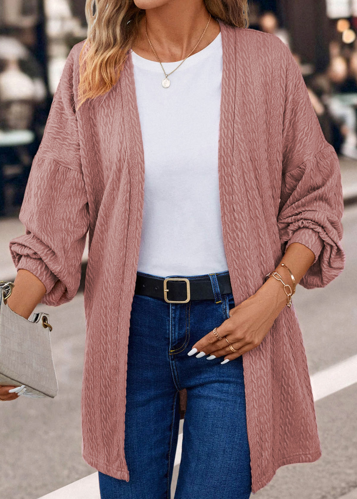 Patchwork Long Sleeve Dusty Pink Cardigan
