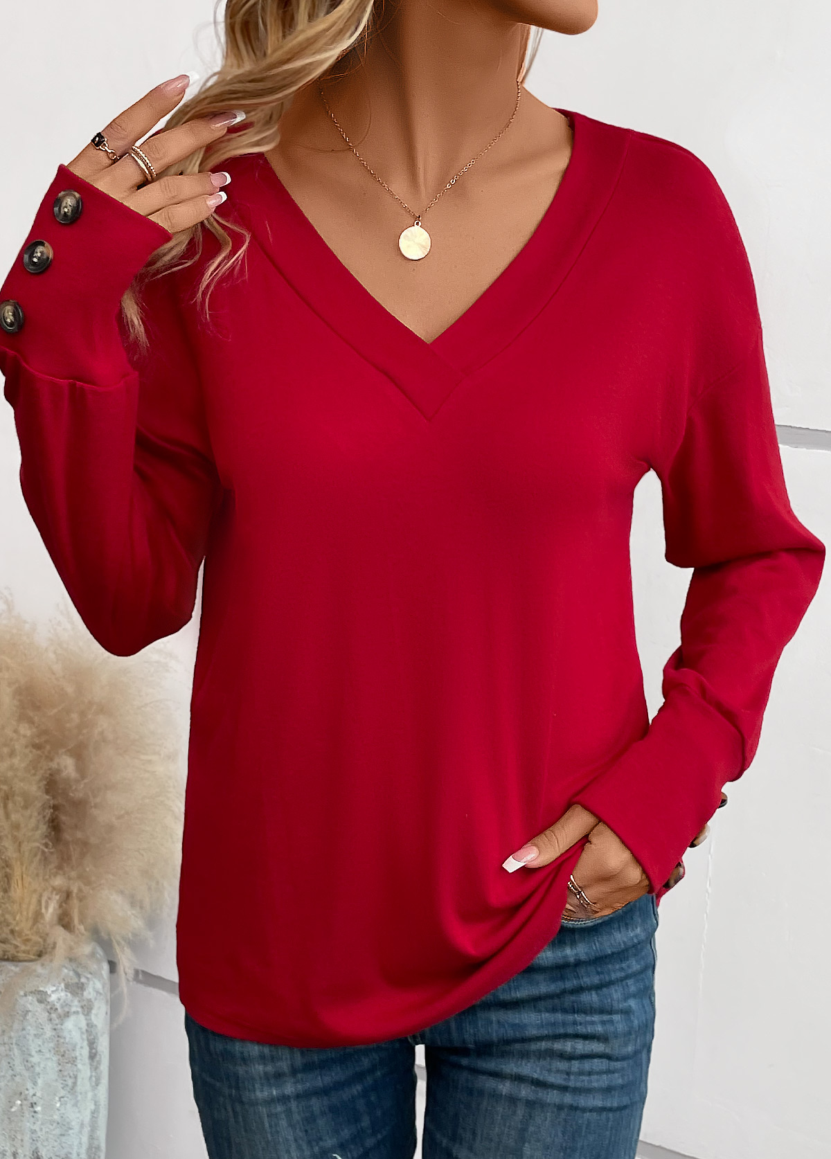 Button Wine Red V Neck Long Sleeve T Shirt
