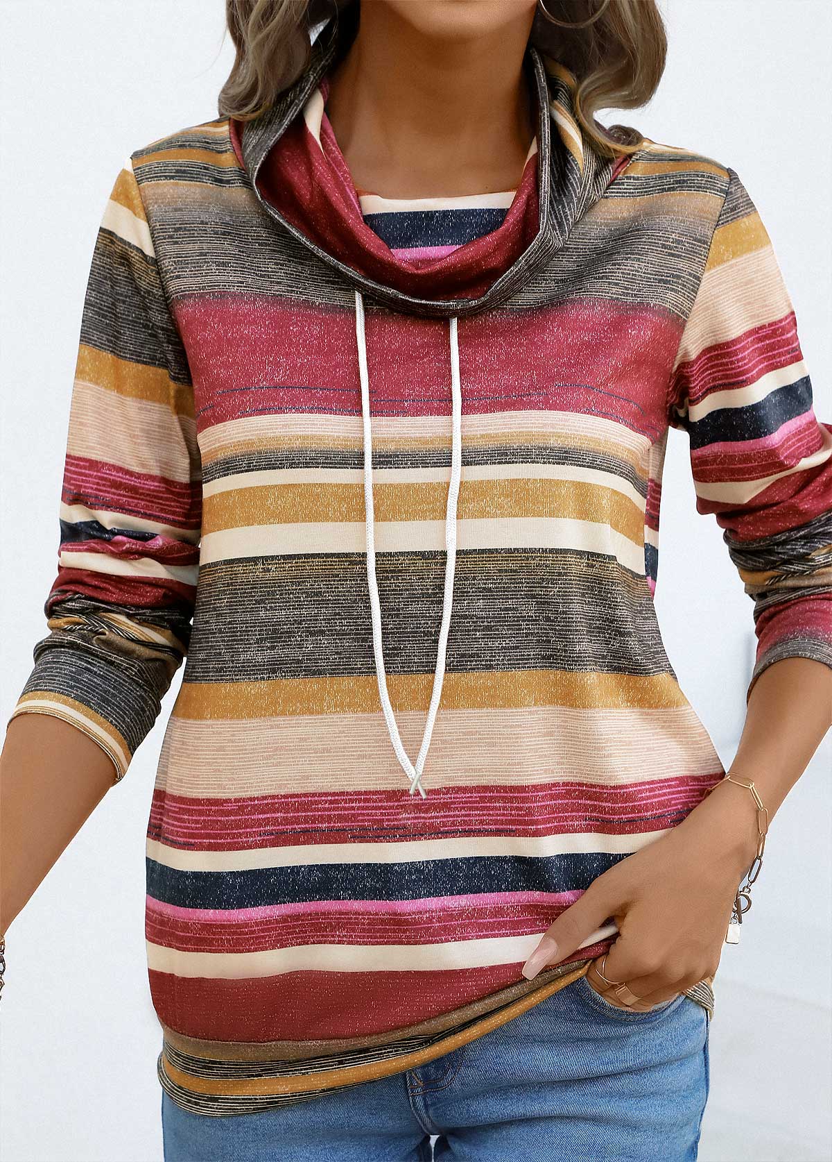 ROTITA Drawstring Multi Stripe Print Coral Cowl Neck T Shirt