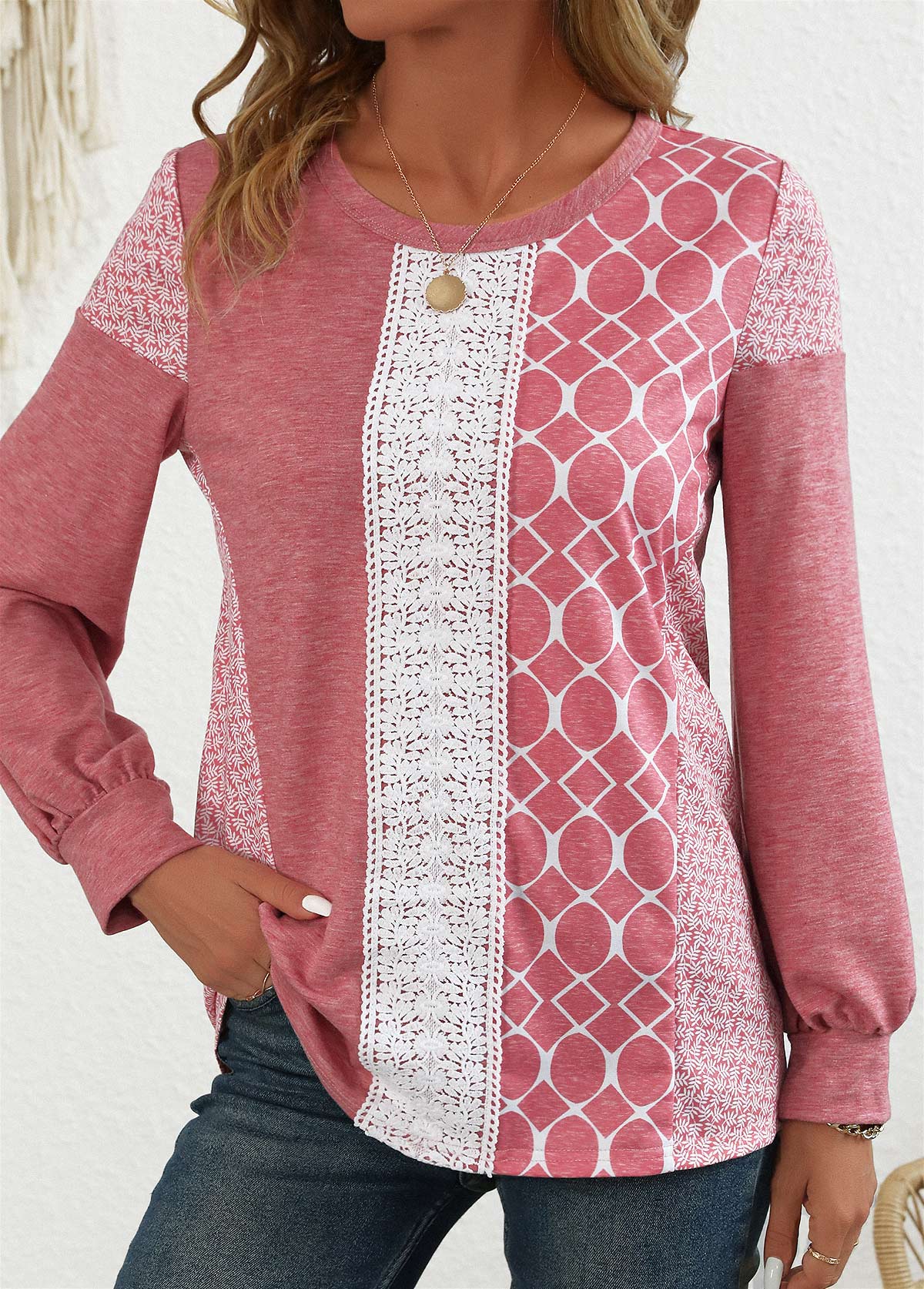 ROTITA Patchwork Geometric Print Pink Round Neck Long Sleeve Sweatshirt
