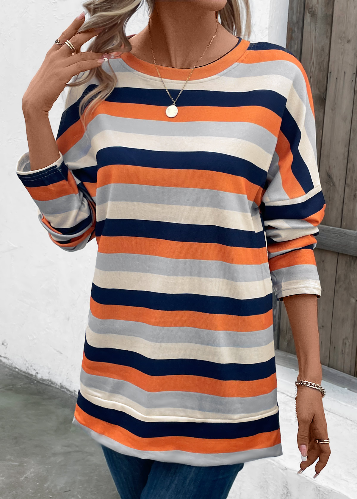 Patchwork Striped Multi Color Round Neck T Shirt