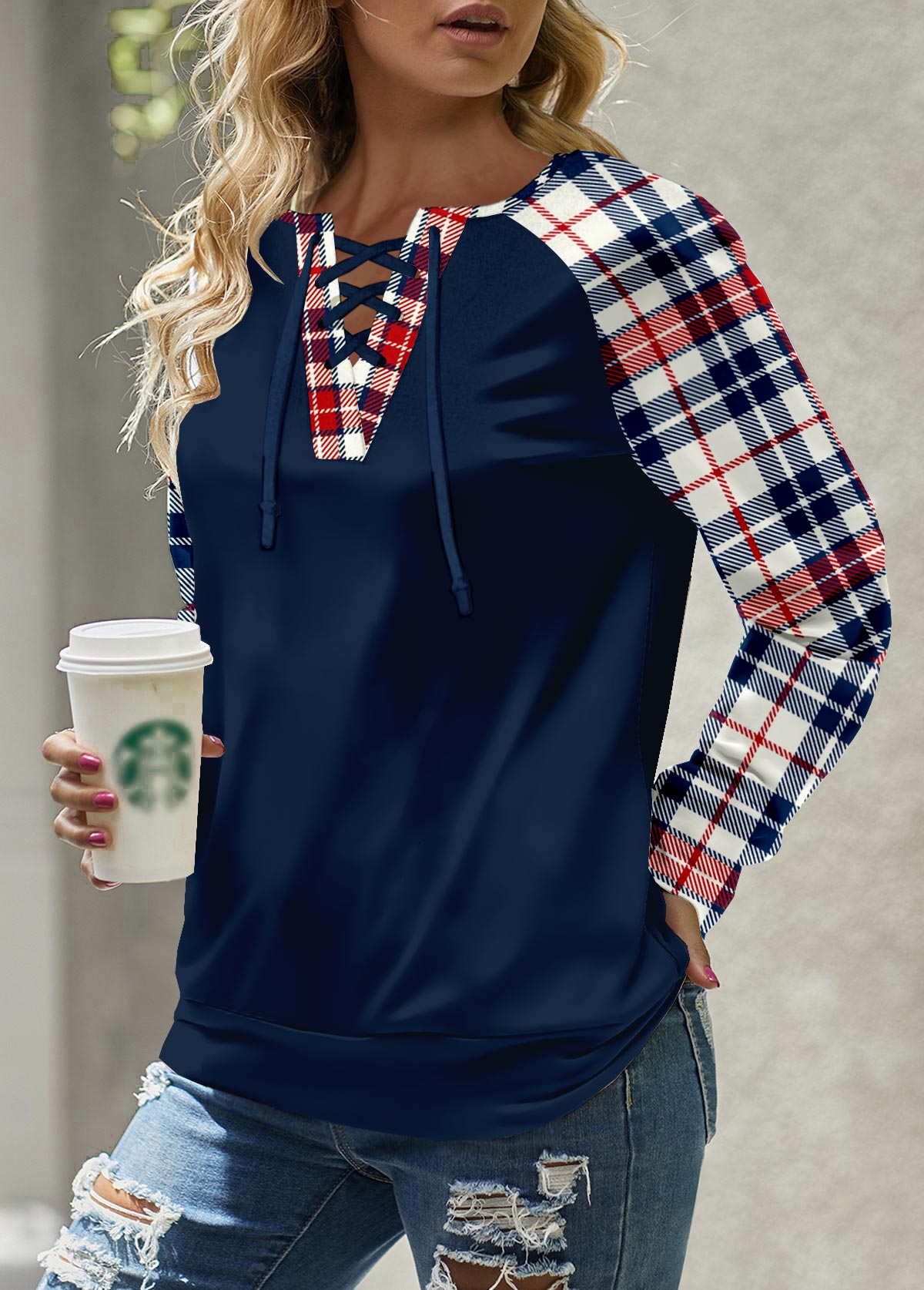 ROTITA Patchwork Plaid Navy Round Neck Long Sleeve Sweatshirt