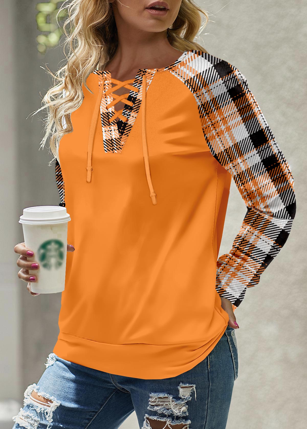 ROTITA Patchwork Plaid Orange Split Neck Long Sleeve Sweatshirt