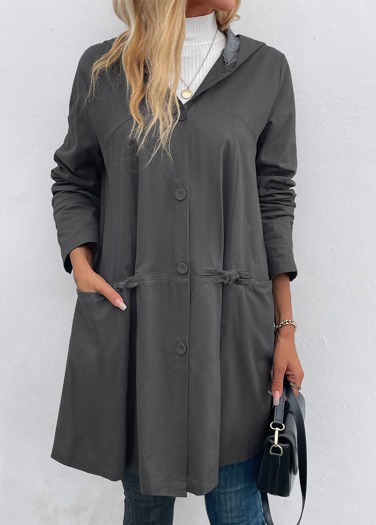 ROTITA Pocket Dark Grey Hooded Long Sleeve Coat
