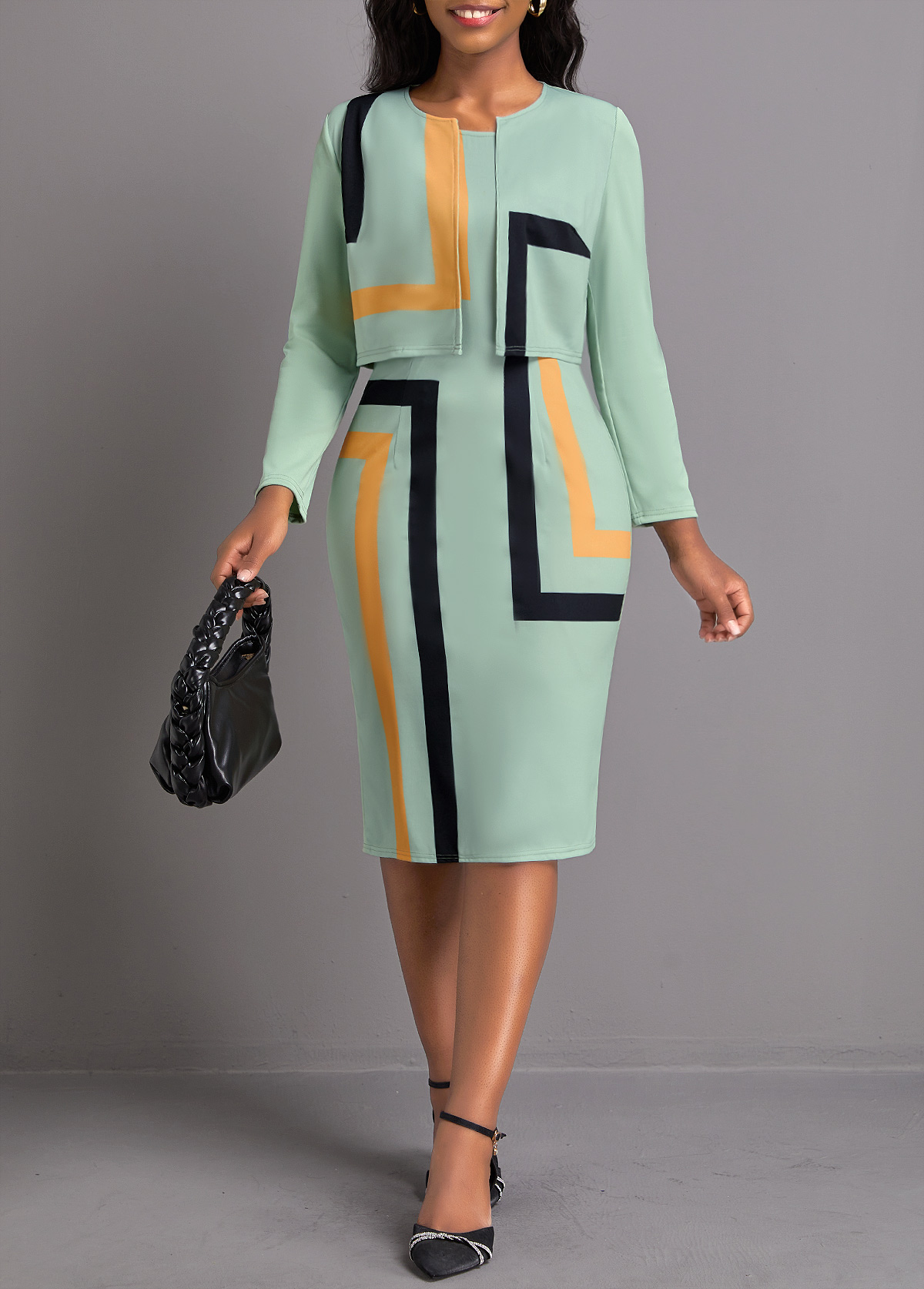 ROTITA Plus Size Two Piece Sage Green Geometric Print Dress