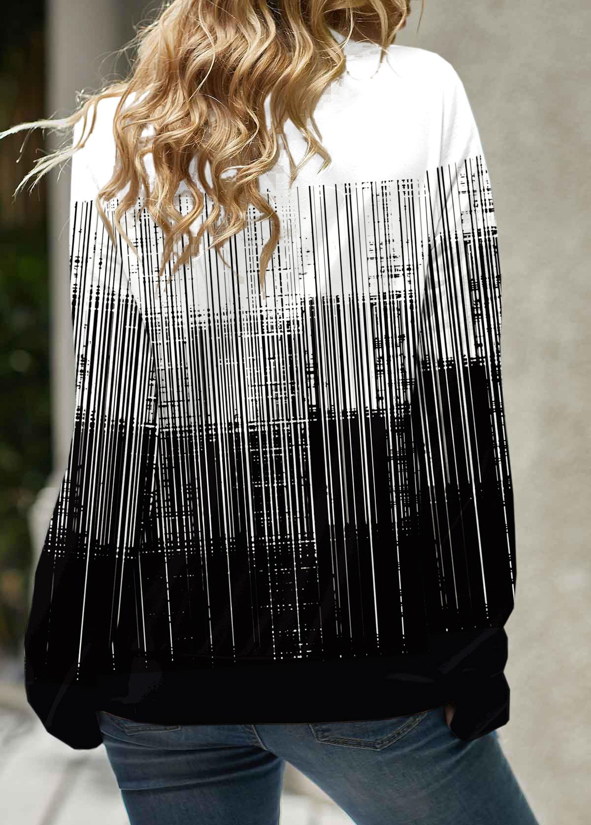 Black tops,White tops,Ombre tops,Striped tops,ROTITA Patchwork Ombre Black Cowl Neck Long Sleeve Sweatshirt