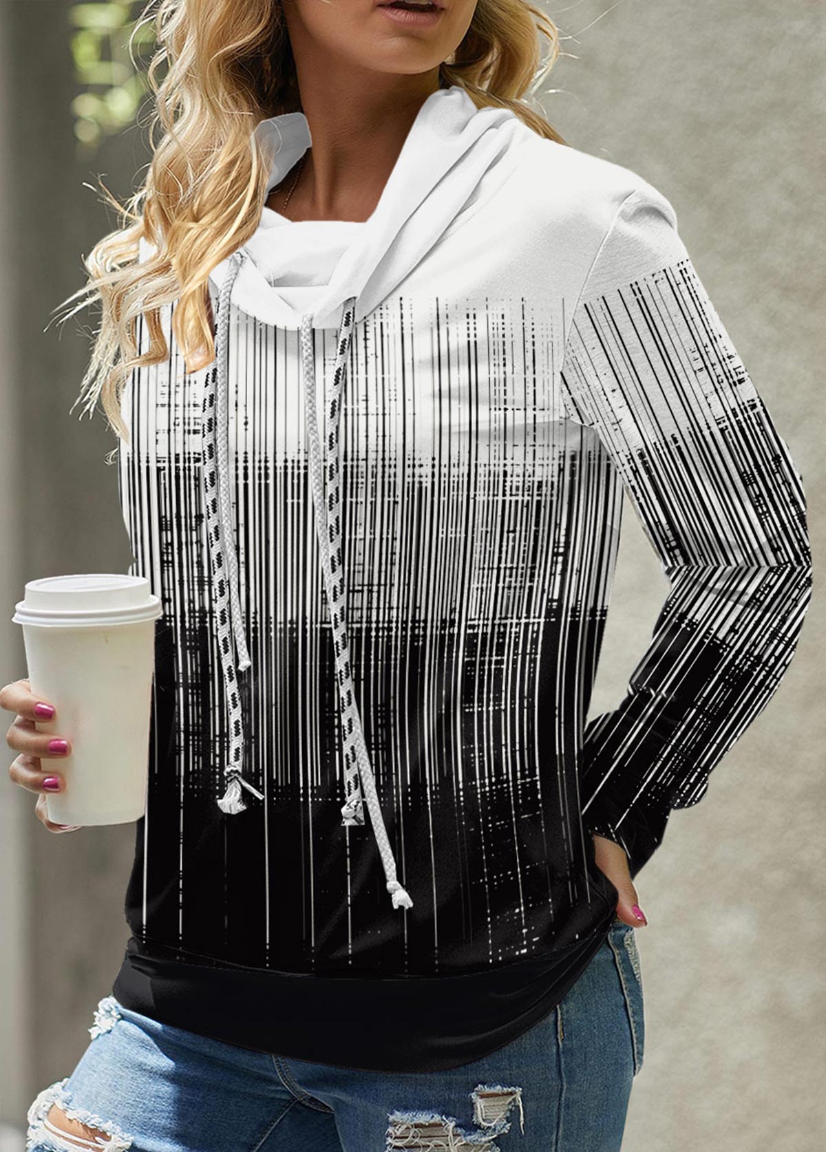 Black tops,White tops,Ombre tops,Striped tops,ROTITA Patchwork Ombre Black Cowl Neck Long Sleeve Sweatshirt