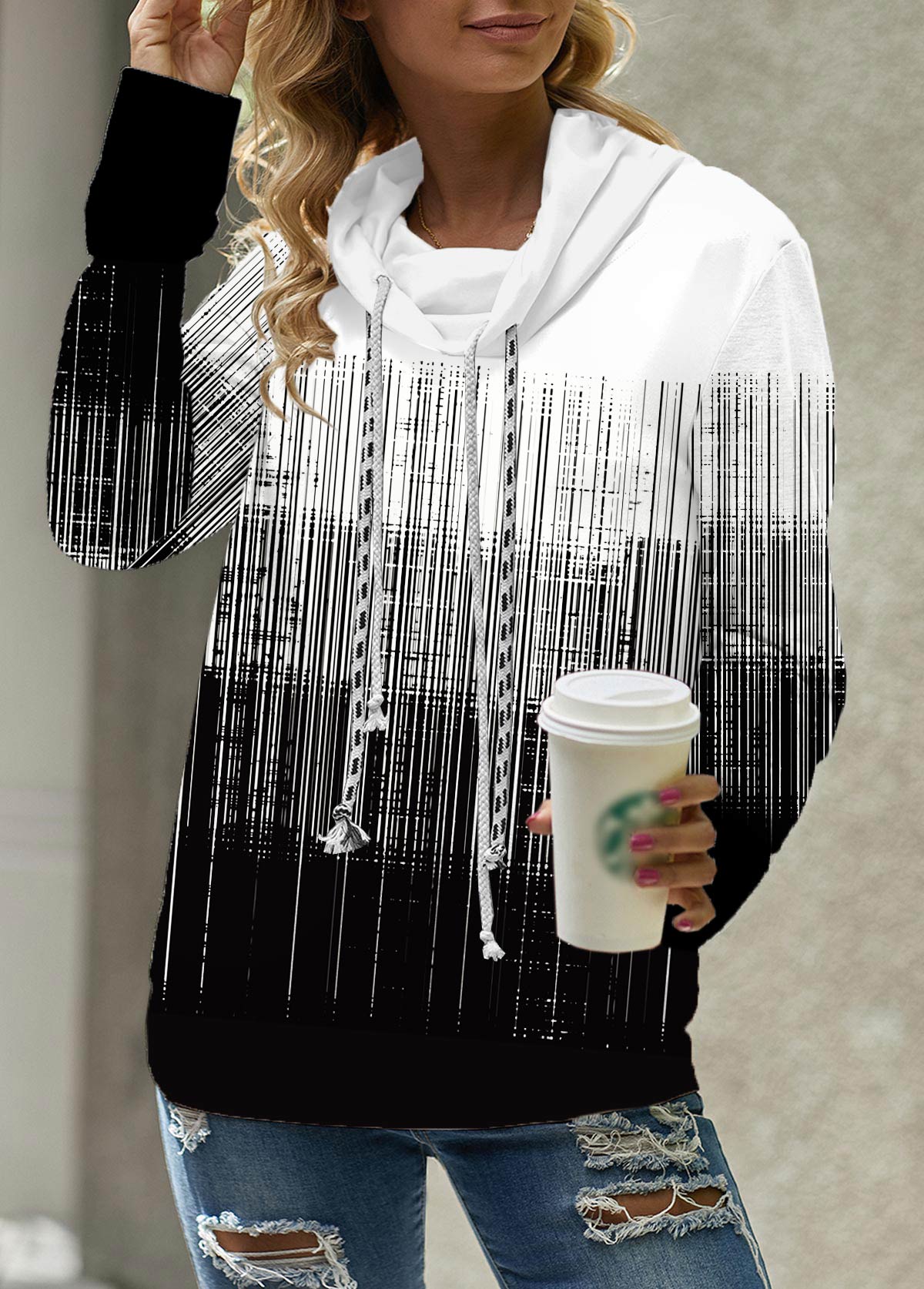 Black tops,White tops,Ombre tops,Striped tops,ROTITA Patchwork Ombre Black Cowl Neck Long Sleeve Sweatshirt