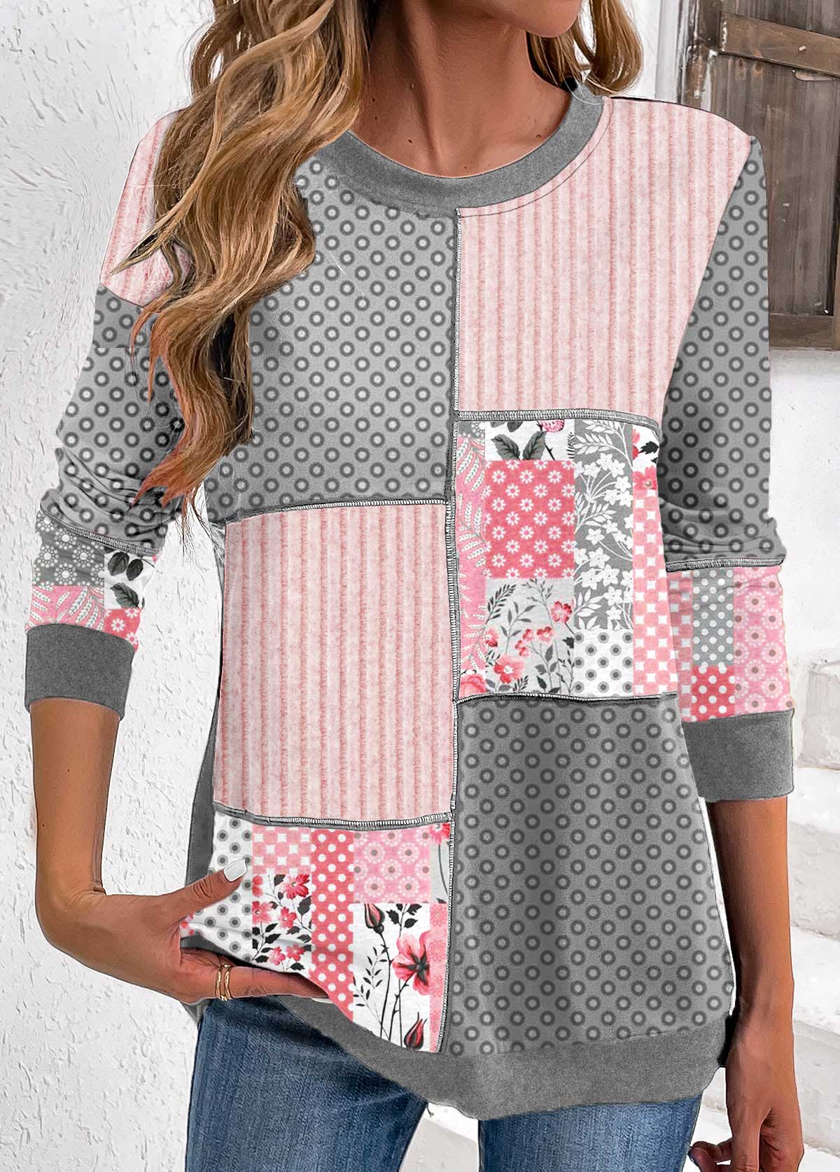 ROTITA Patchwork Geometric Print Light Pink Round Neck Sweatshirt