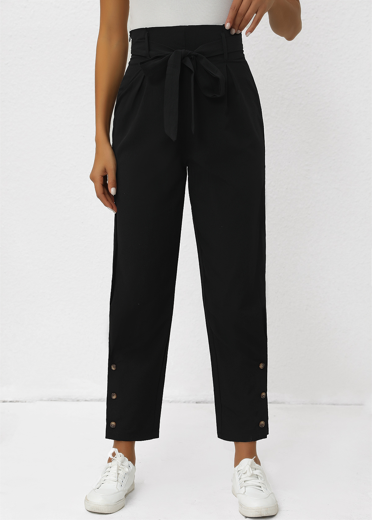 Button Black Belted Zipper Fly High Waisted Pants