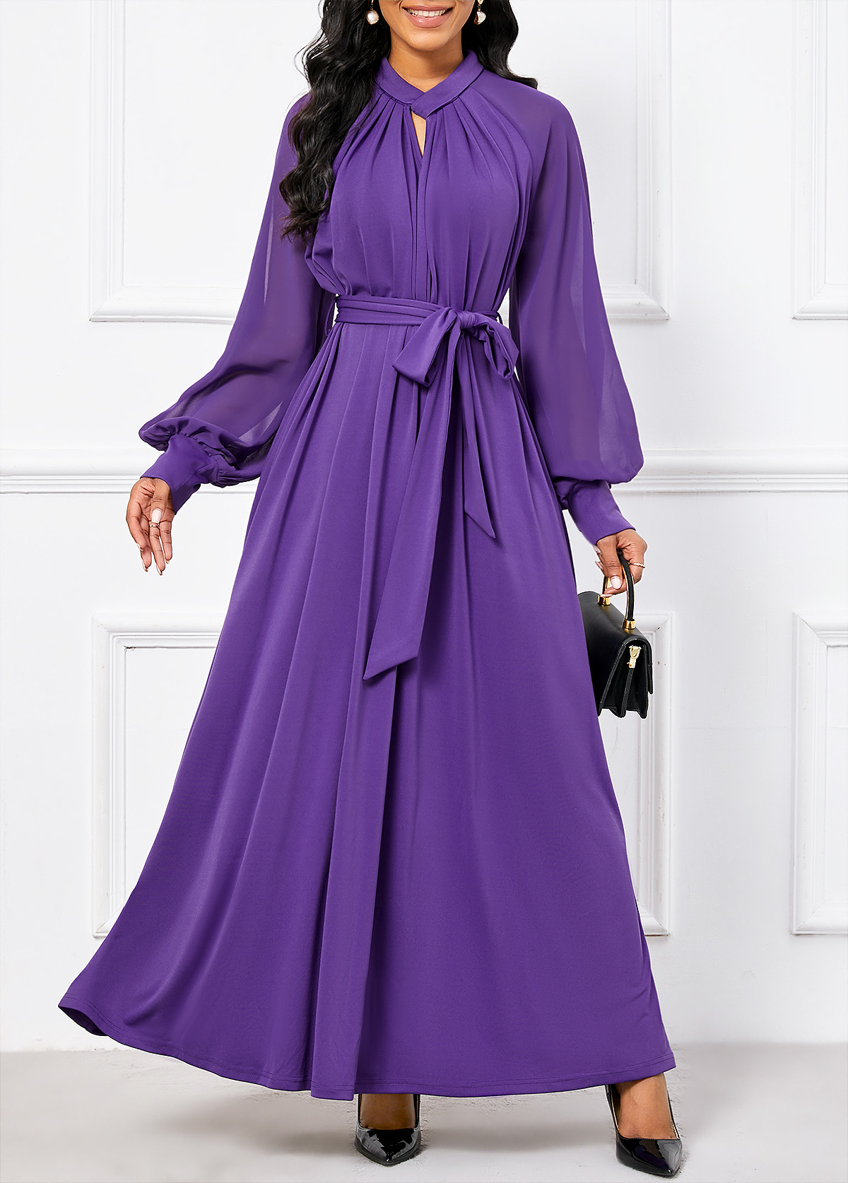 ROTITA Criss Cross Purple Belted V Neck Maxi Dress