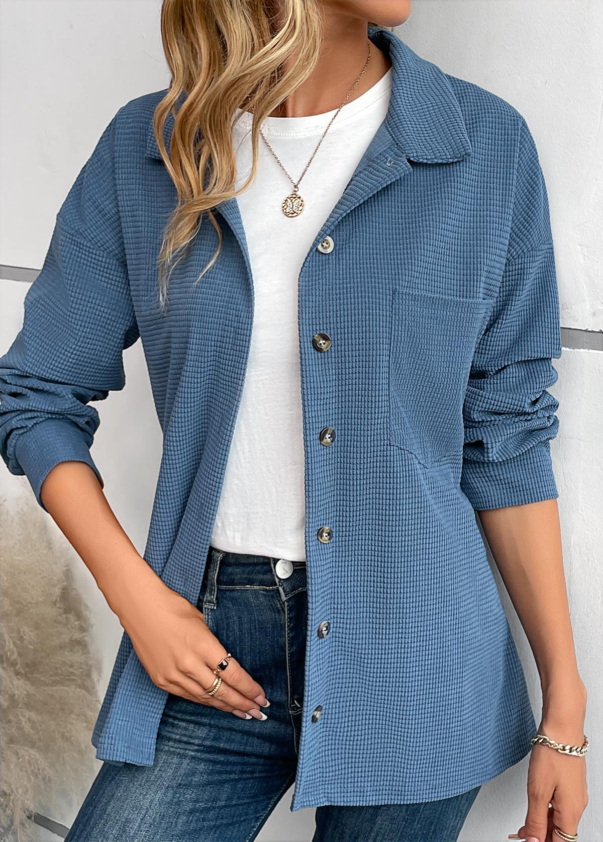 Pocket Blue Shirt Collar Long Sleeve Coat