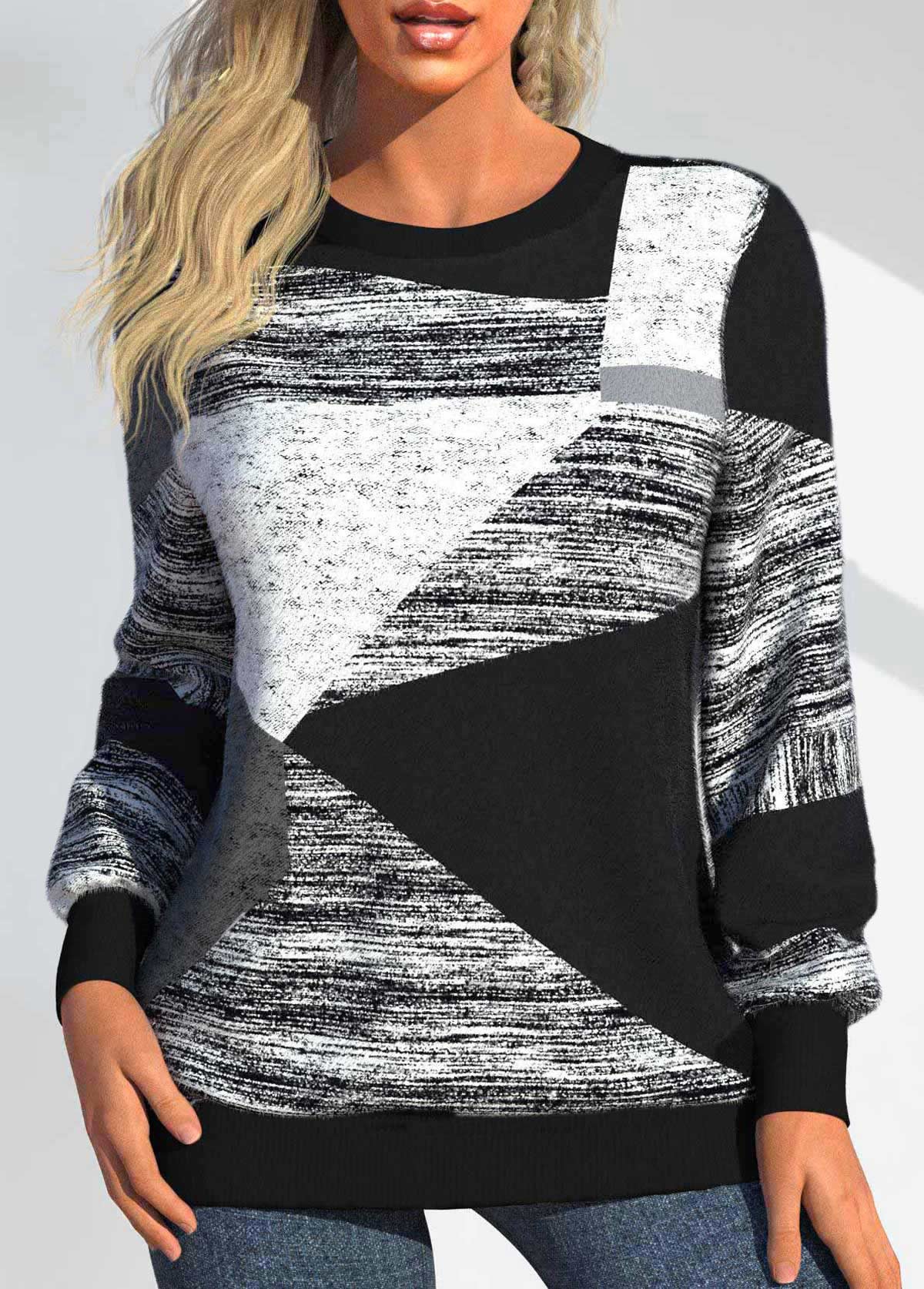 ROTITA Patchwork Geometric Print Black Round Neck Long Sleeve Sweatshirt