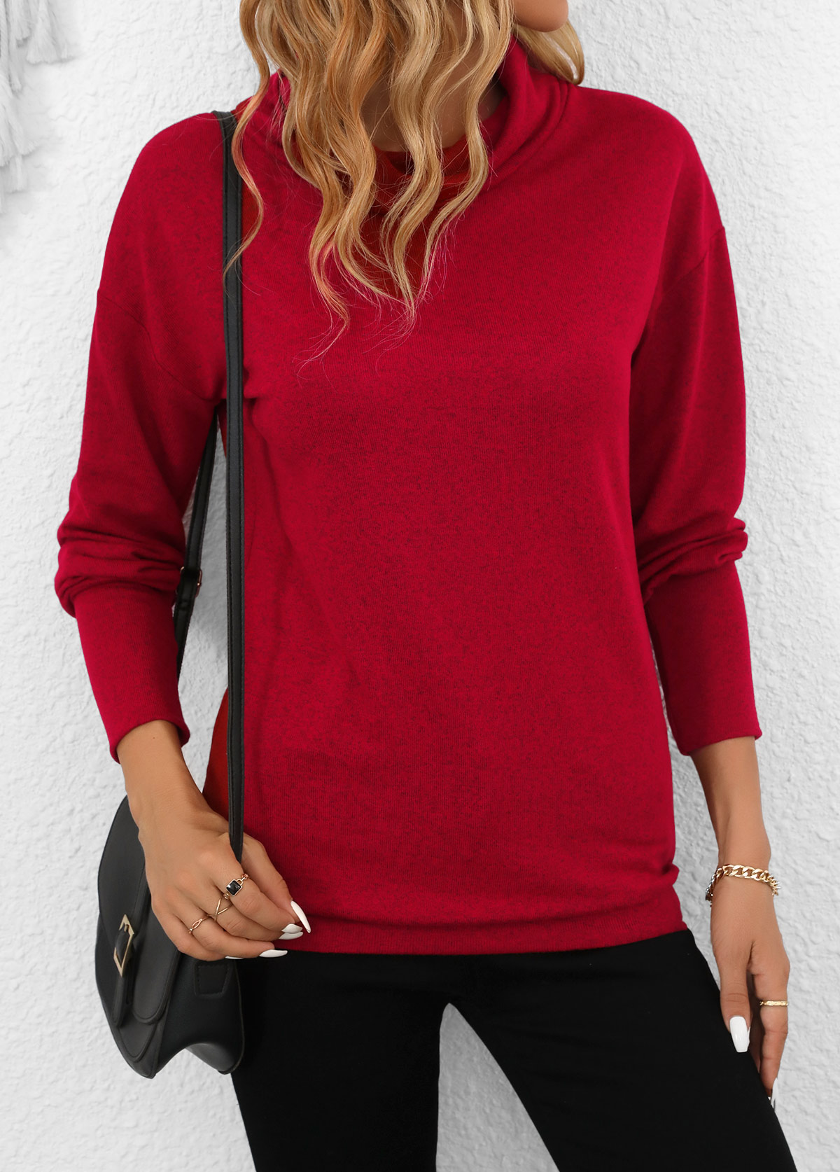 Wine Red Cowl Neck Long Sleeve Sweatshirt